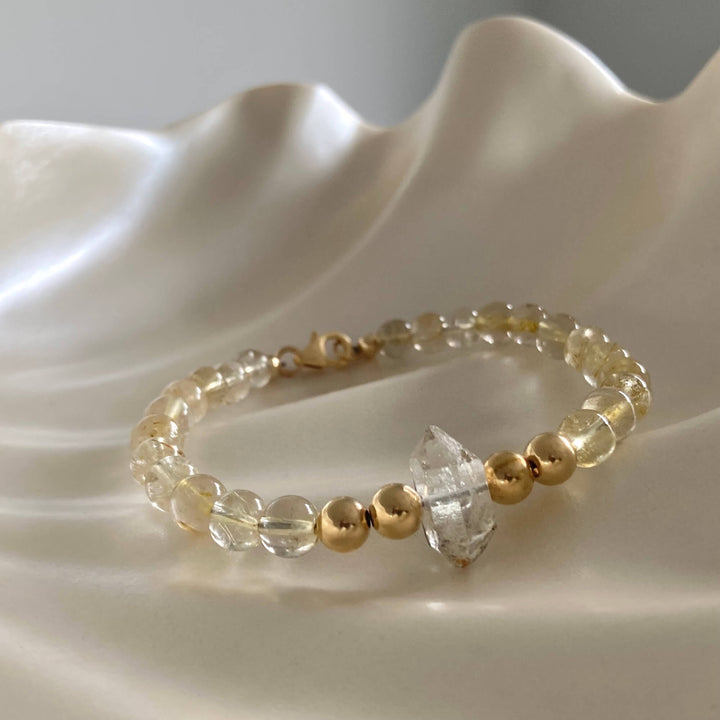 Golden Seeker Of Light Herkimer Diamond & Rutilated Quartz Bracelet