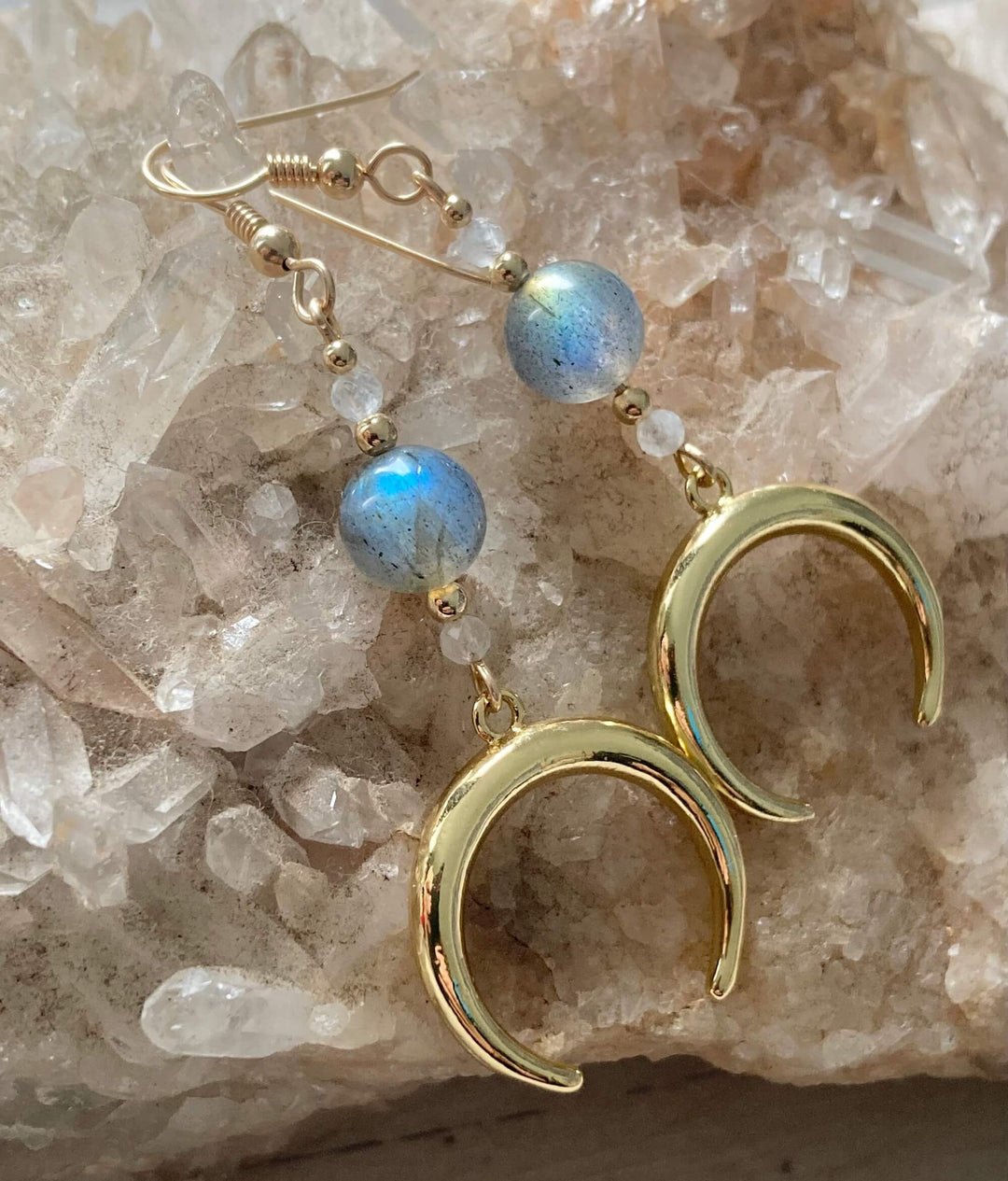 La Luna Love Golden Moonstone & Labradorite Crescent Moon Pendant Earrings