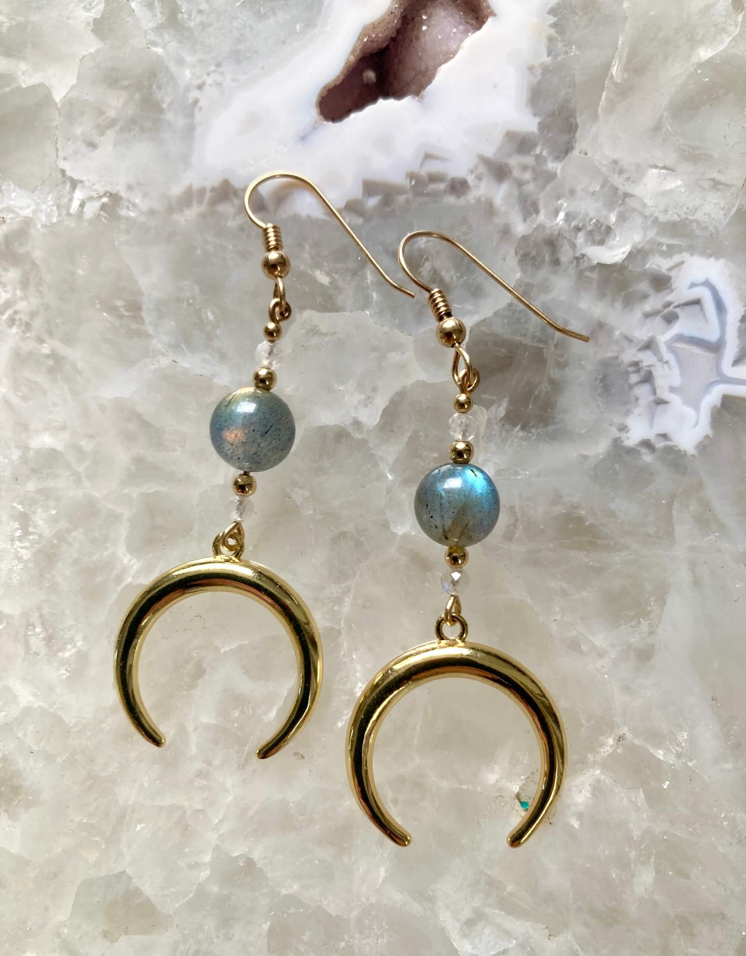 La Luna Love Golden Moonstone & Labradorite Crescent Moon Pendant Earrings