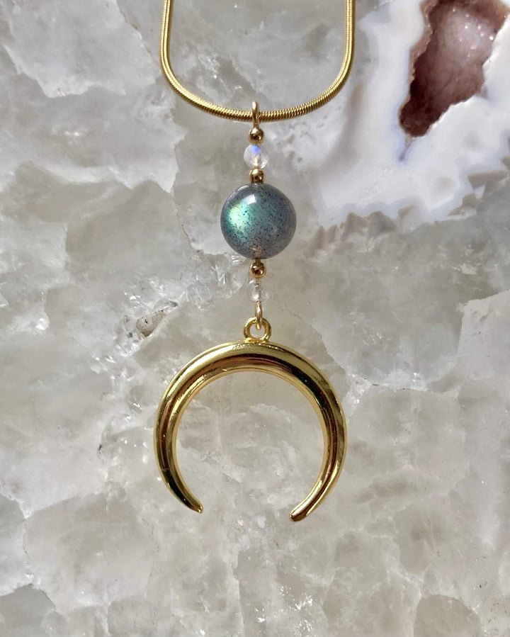 La Luna Love Golden Moonstone & Labradorite Crescent Moon Pendant Necklace