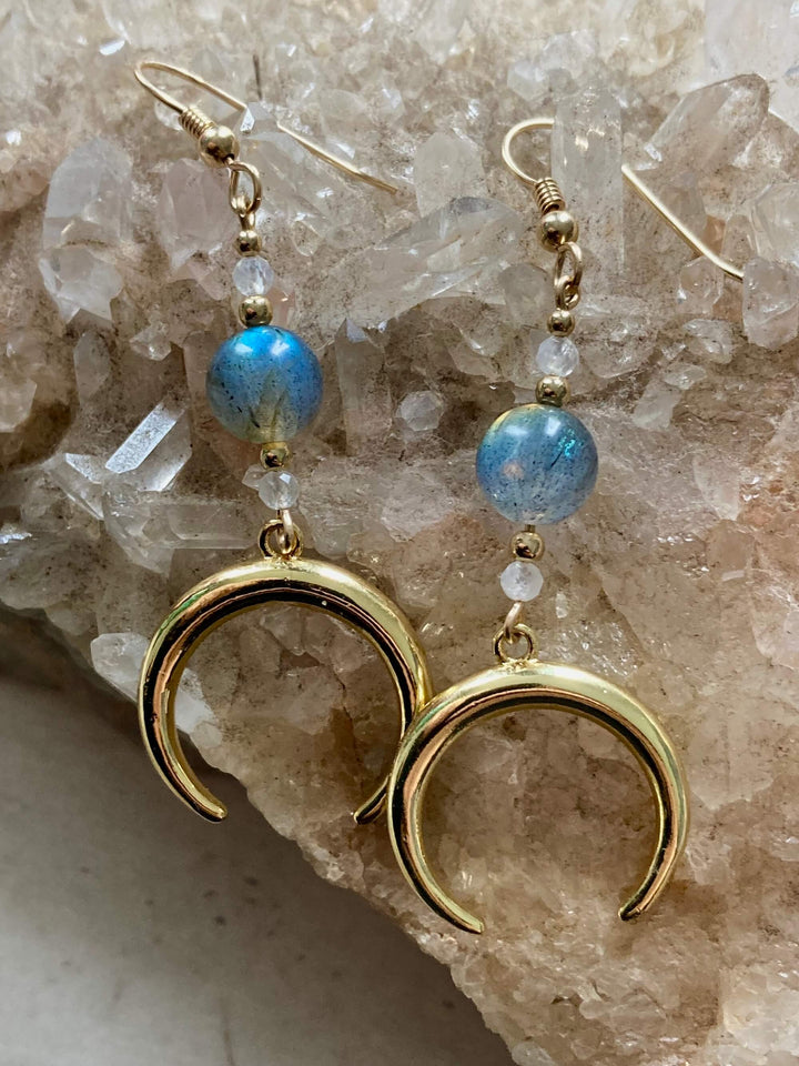 La Luna Love Golden Moonstone & Labradorite Crescent Moon Pendant Earrings