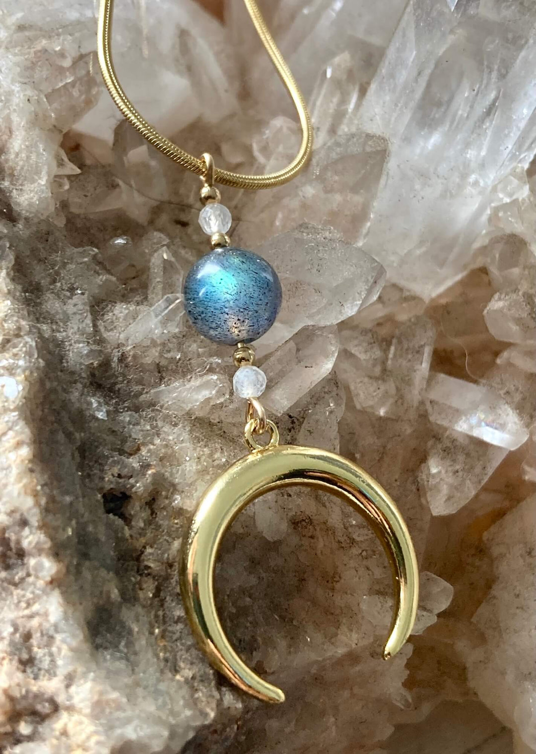 La Luna Love Golden Moonstone & Labradorite Crescent Moon Pendant Necklace