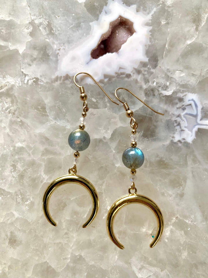 La Luna Love Golden Moonstone & Labradorite Crescent Moon Pendant Earrings