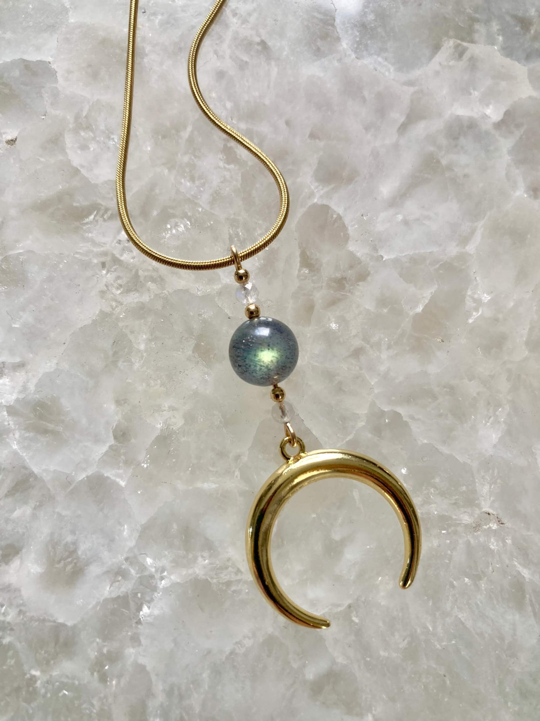 La Luna Love Golden Moonstone & Labradorite Crescent Moon Pendant Necklace