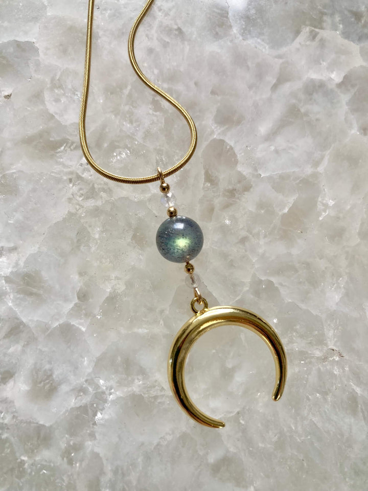 La Luna Love Golden Moonstone & Labradorite Crescent Moon Pendant Necklace