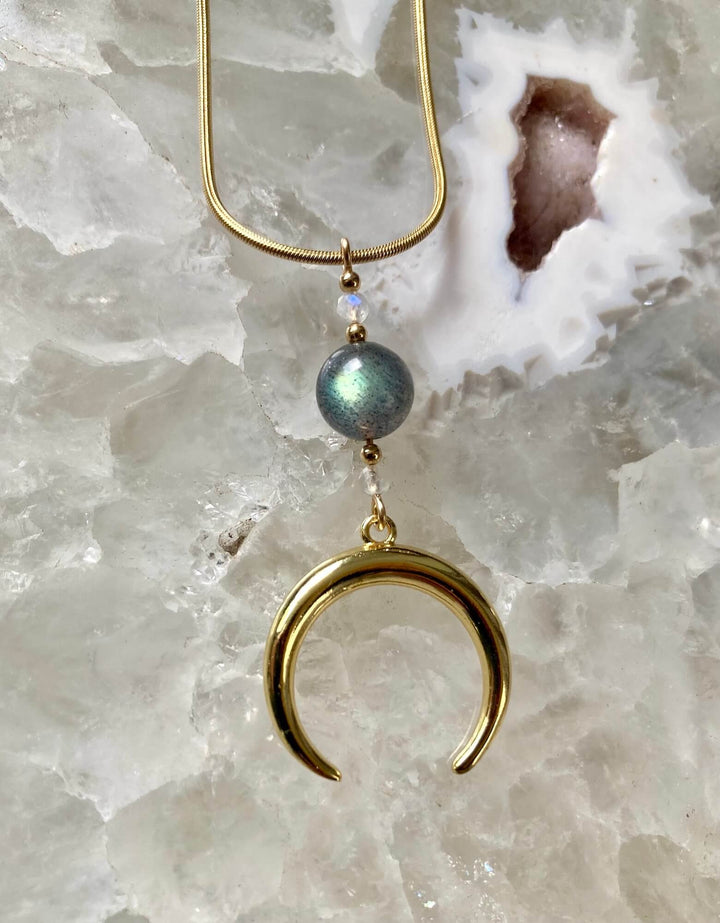 La Luna Love Golden Moonstone & Labradorite Crescent Moon Pendant Necklace
