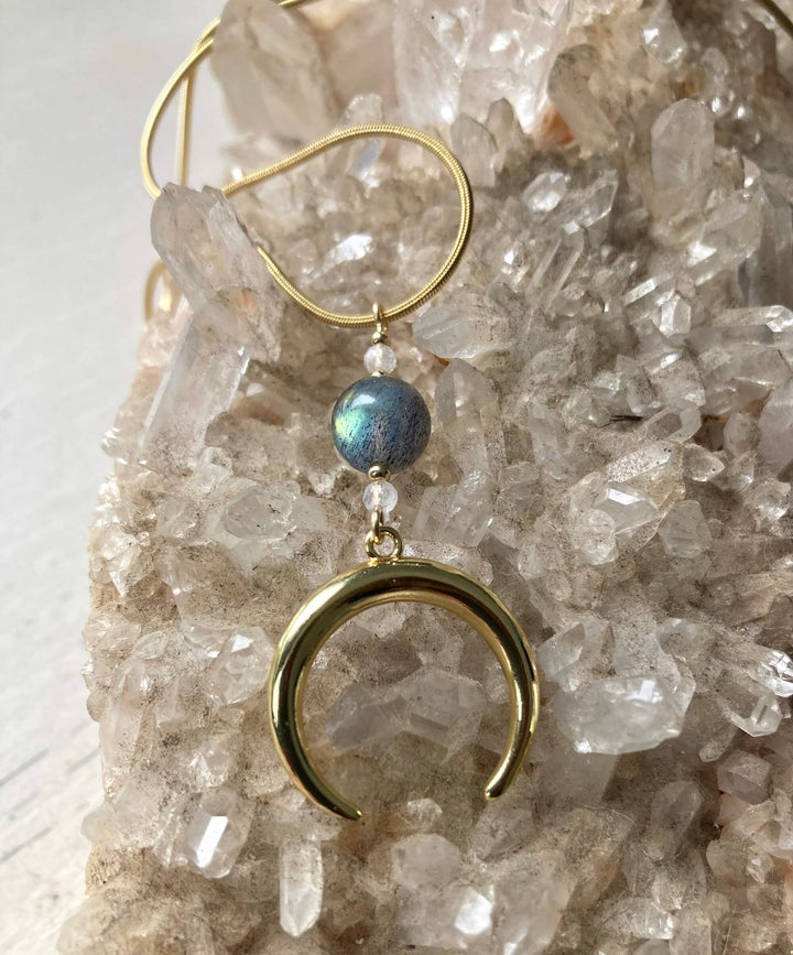 La Luna Love Golden Moonstone & Labradorite Crescent Moon Pendant Necklace