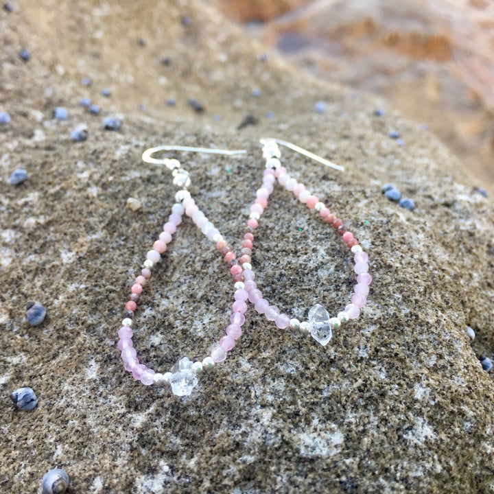 Aloha Herkimer Diamond Earrings - Rhodonite, Pink Opal & Rose Quartz - Handmade by House of Aloha