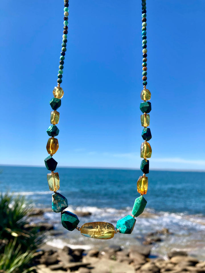 Amber Chrysocolloa and Gold Nugget necklace for healing