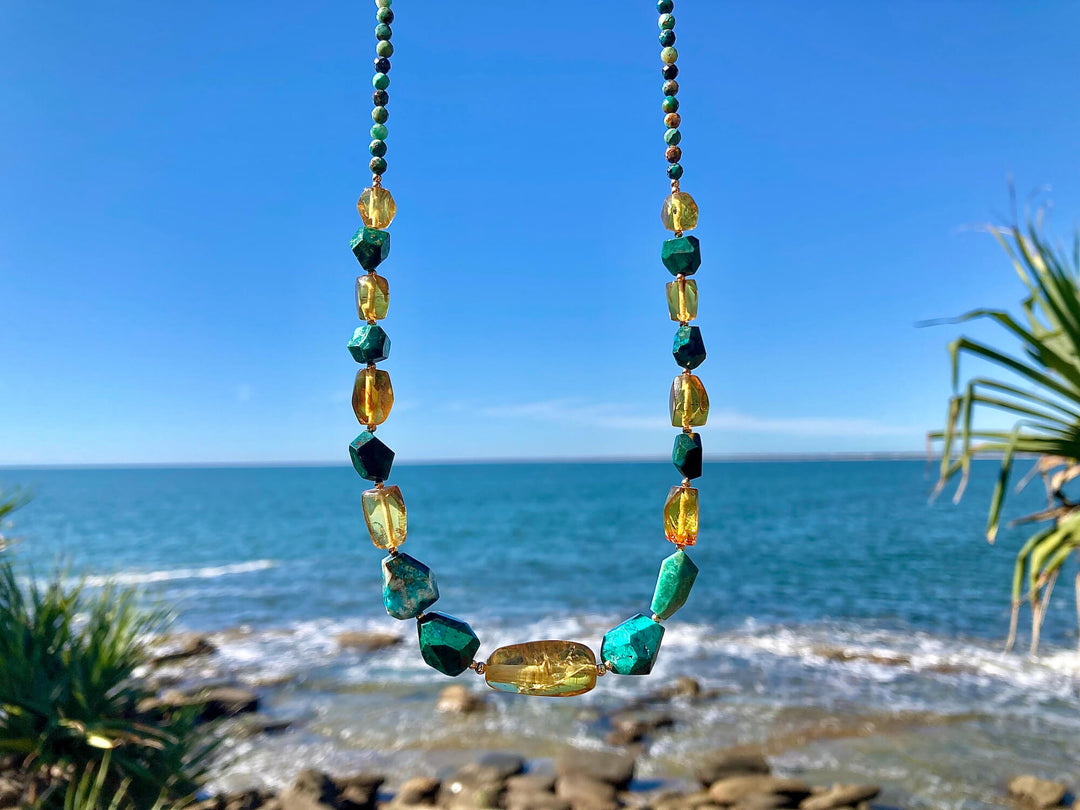 Amber Chrysocolloa and Gold Nugget Unisex necklace