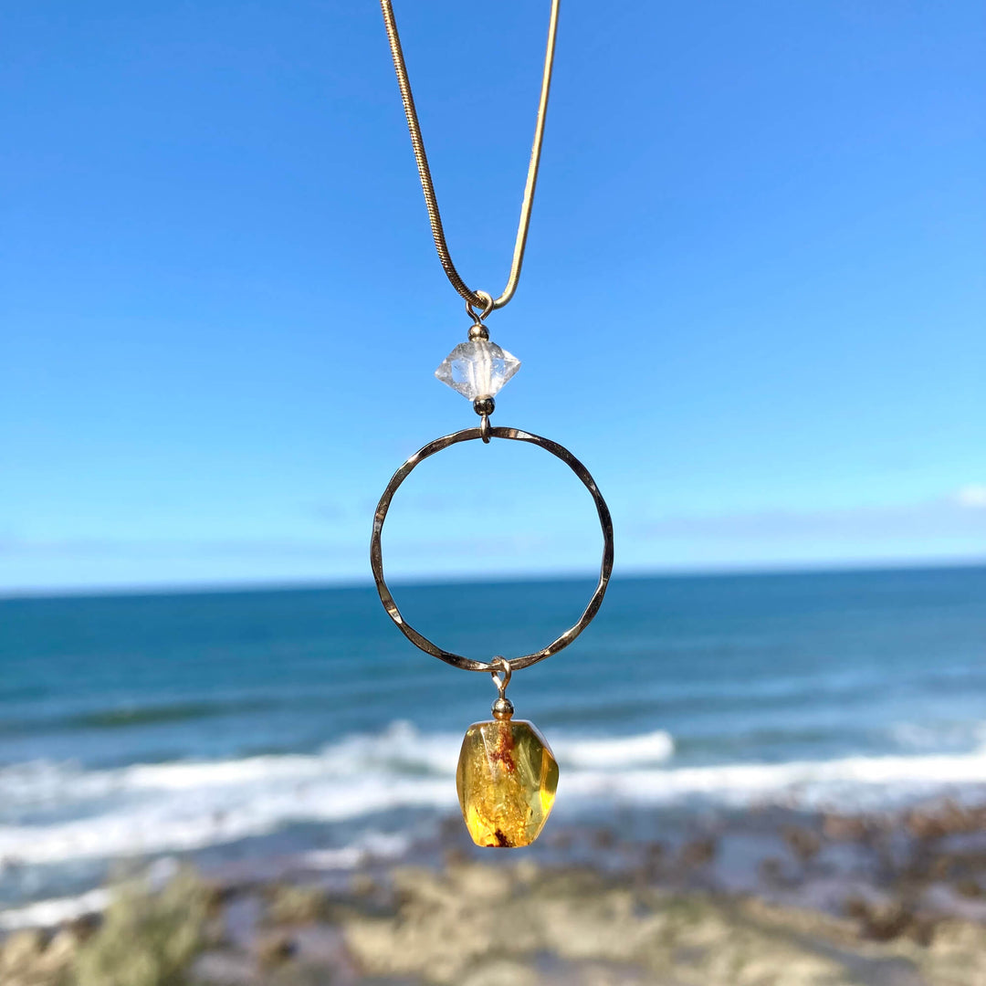 Amber & Herkimer Diamond Gold Pendant Necklace for healing