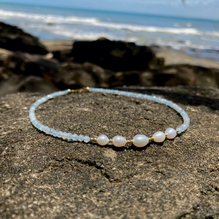 Aquamarine Pearl Gold crystal Necklace