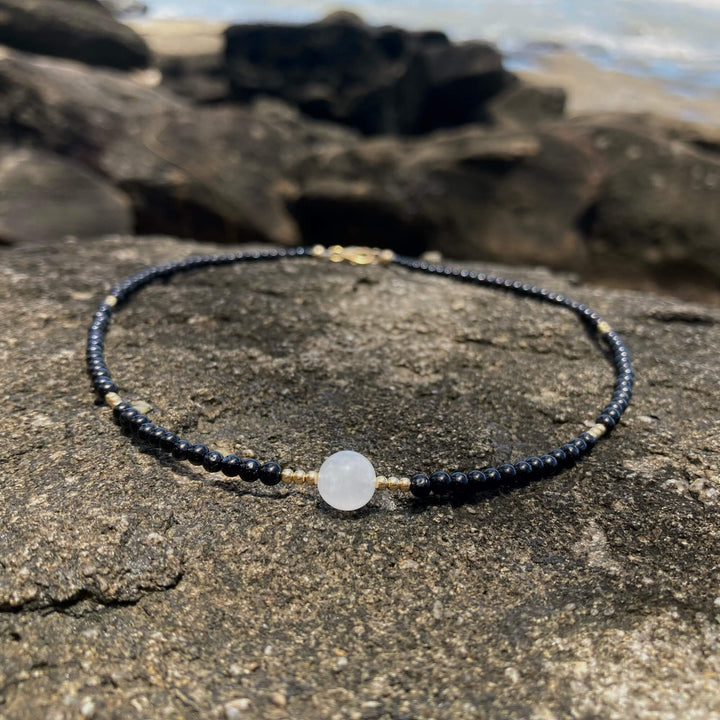 Black Tourmaline, moonstone & gold necklace for women