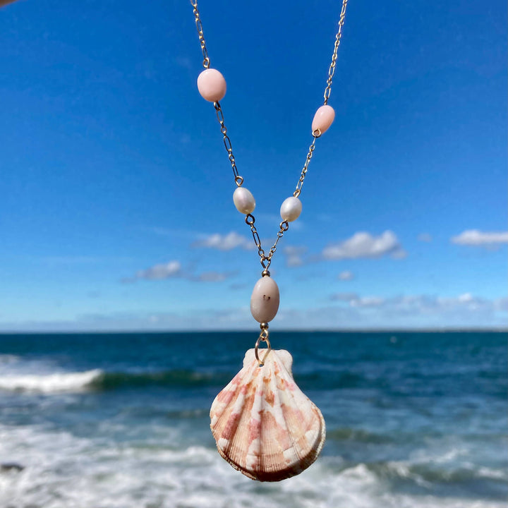 Pink Opal, Pearl & Shell Gold Necklace