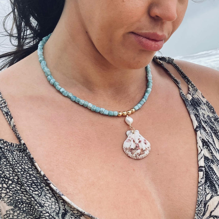 Atlantis Larimar Pearl & Shell Gold crystal Necklace