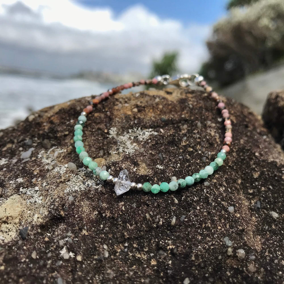 Rhodonite, Emerald & Herkimer Diamond Bracelet for healing