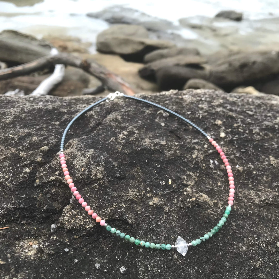 Rhodonite Emerald and Herkimer Necklace for comfort