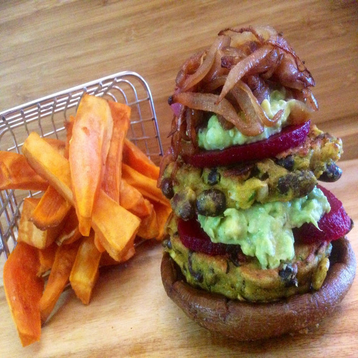 Zucchini, almond and black bean burgers with caramelised onions - recipe in the book Own It by Natalie Ruggeri